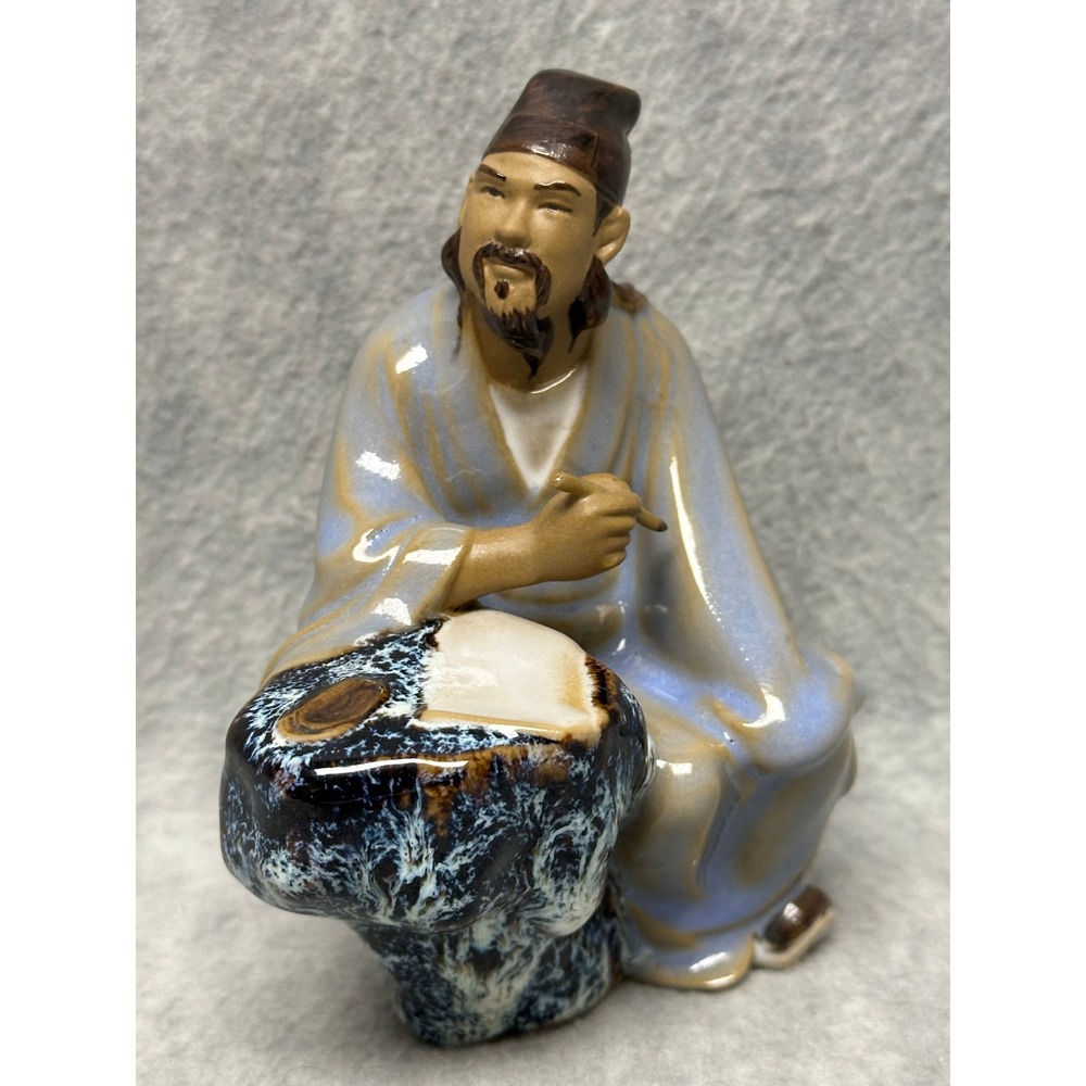 Shiwan Chinese Mudman Scholar Figurine Blue Brown Glazed Vintage Ceramic Art